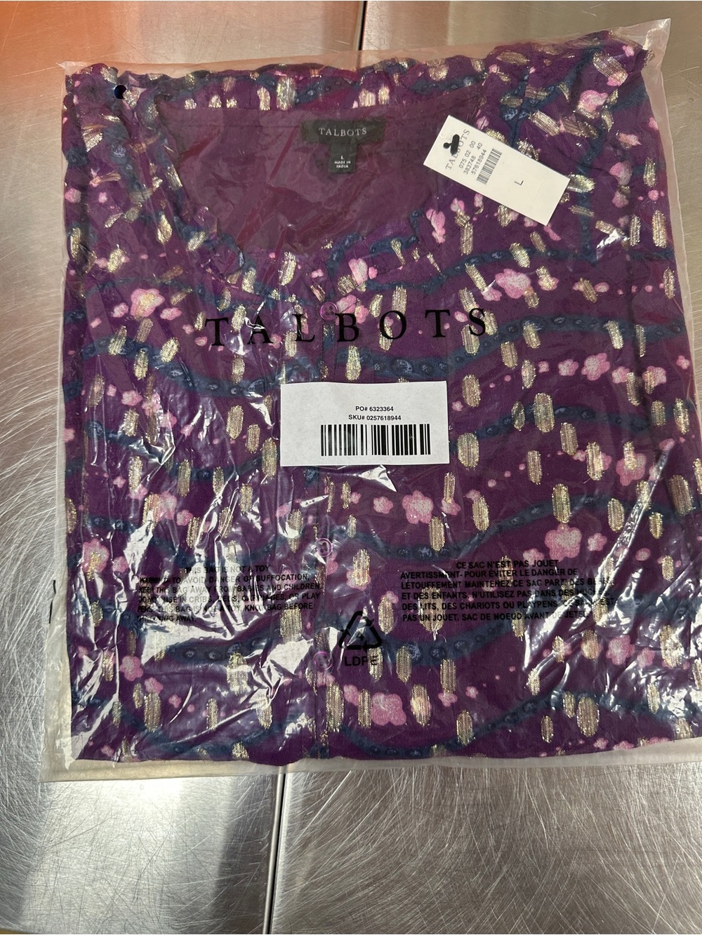 NWT Women’s Talbots Ruffle Neck Purple Floral Metallic Accent Blouse Large